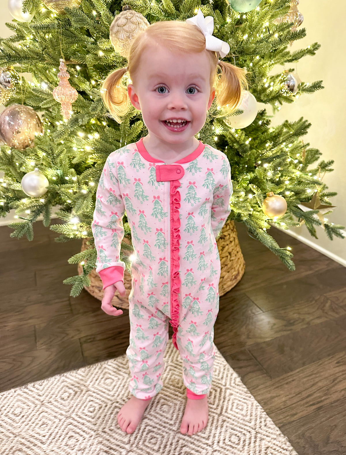 Girls One Piece Zip Up Jammies, Christmas Tree