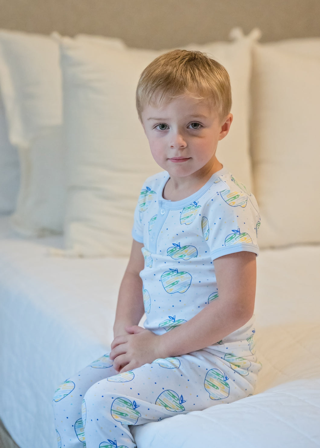 Boys Two Piece Jammies, Apple Print Knit (Ready to Ship)