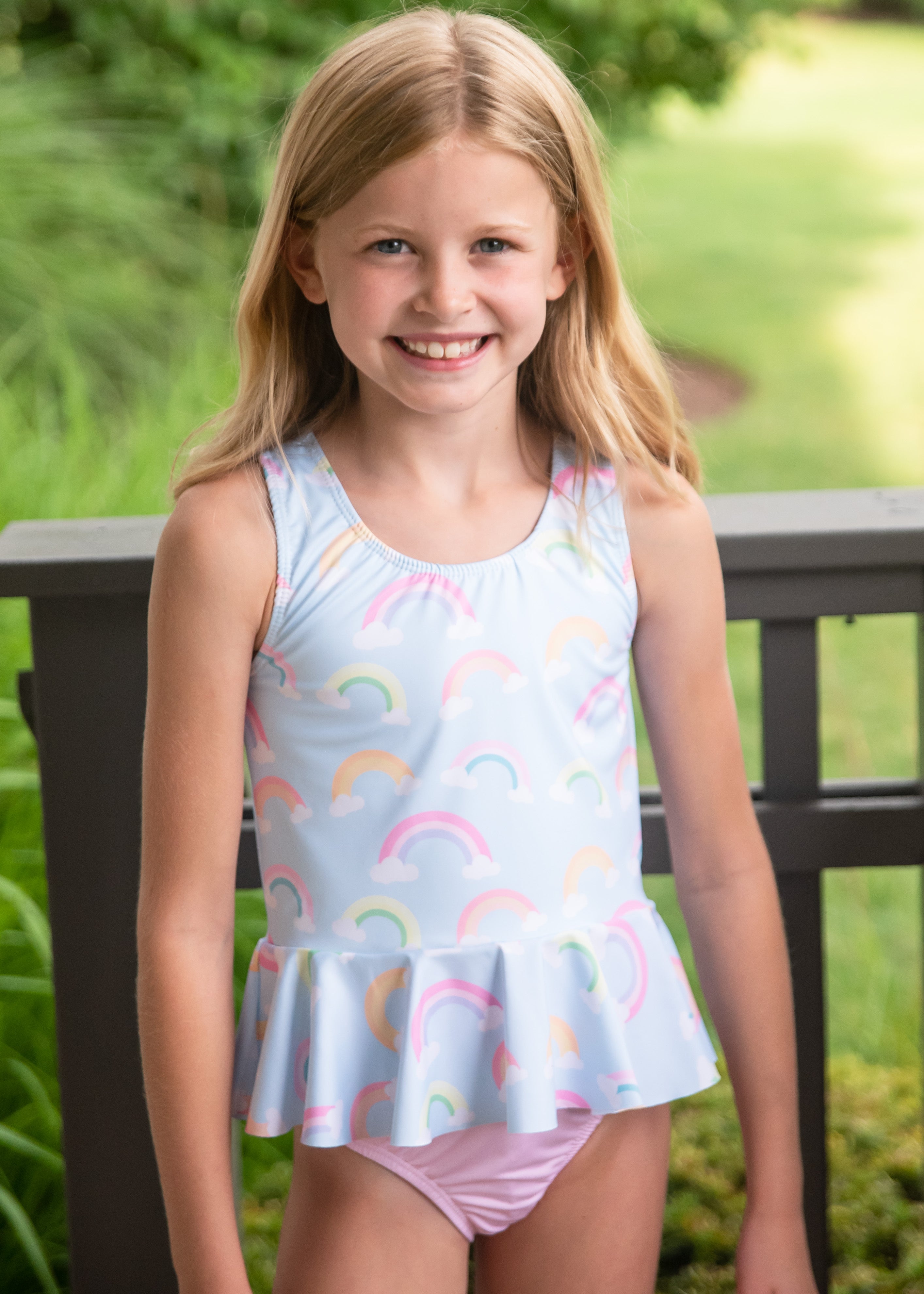 Collette Peplum Swim, Blue Rainbow – James and Lottie INC