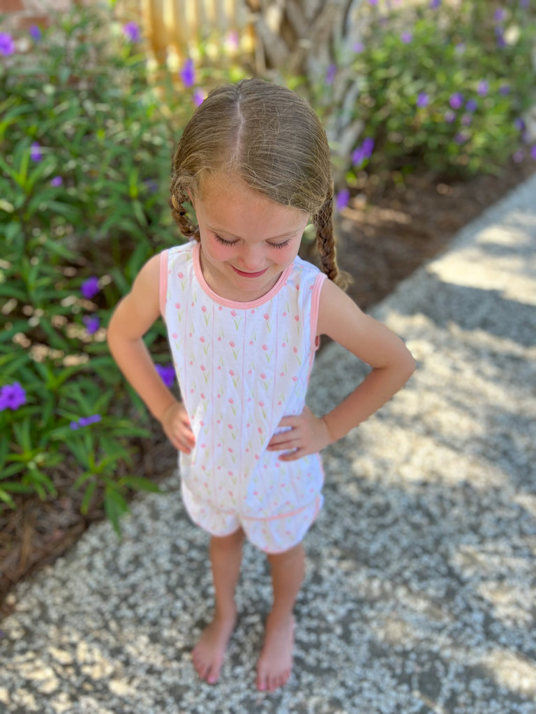 James & Lottie Girls Coral Sloane Shorts with Tulips Tie Top