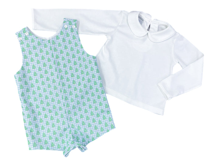 Boys White Knit Top, Gingham Christmas Tree