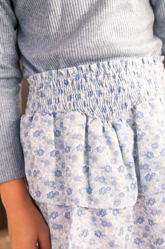 Smocked Skirt, Blue & Green Floral BE