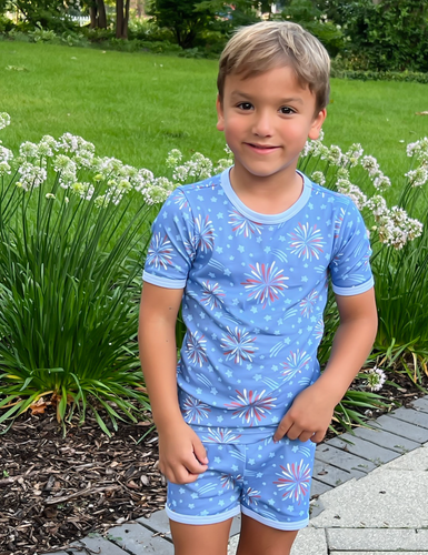 Boys Two Piece Short Jammies, Fireworks Knit Lounge (Ready to Ship)