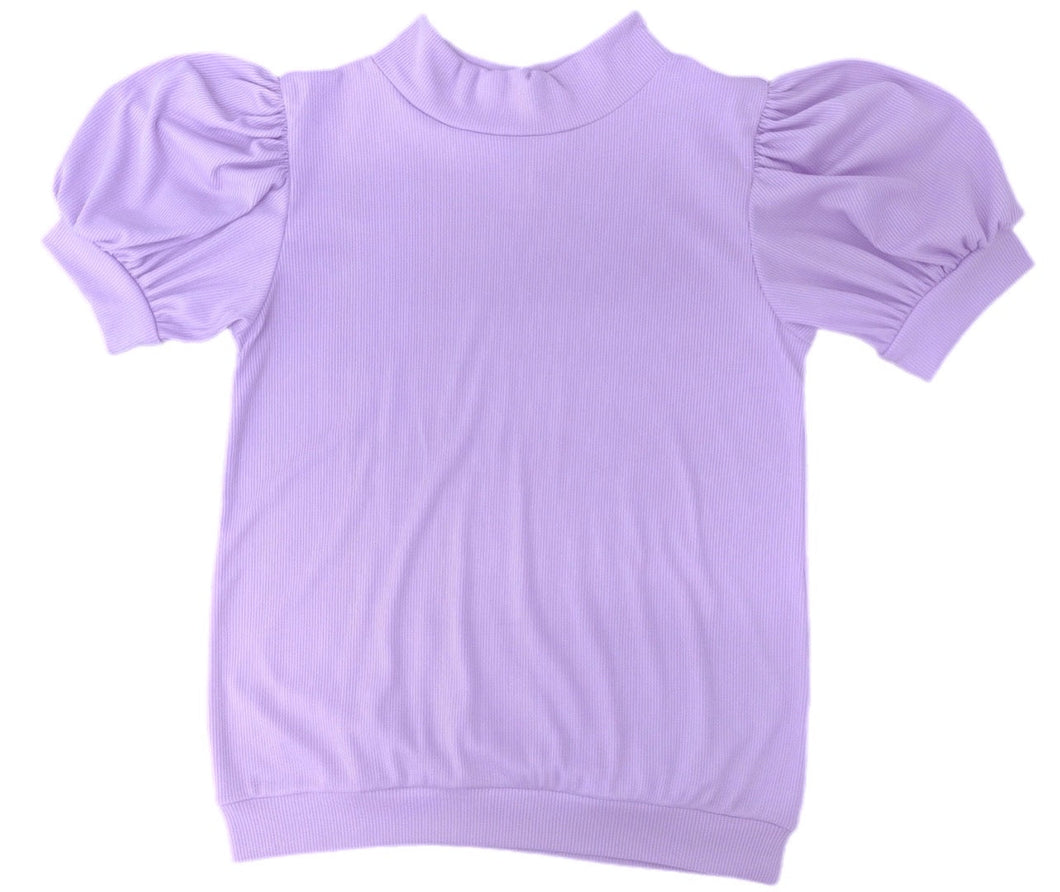Short Puff Sleeve Ribbed Top, Light Purple