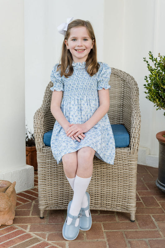 Smocked Dress, Blue & Green Floral BE