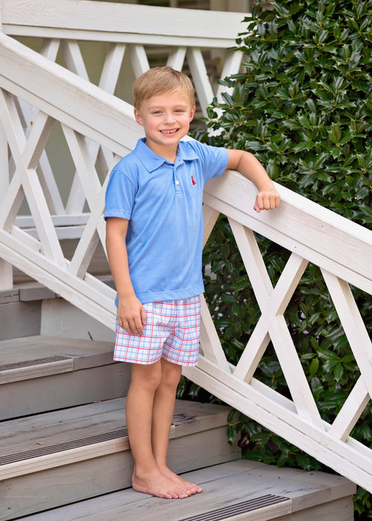 Blue Polo w/ Red Puppy, Patriotic Plaid (Ready to Ship)