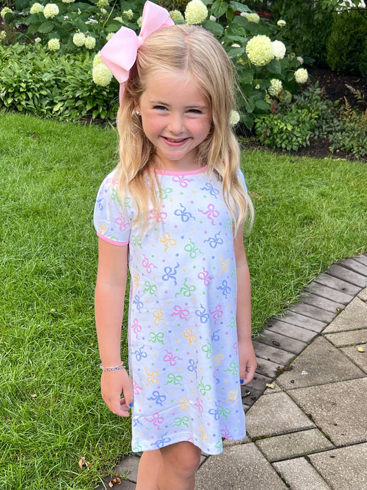 Short Sleeve Play Dress - Pastel Bows Knit (Ready to Ship)