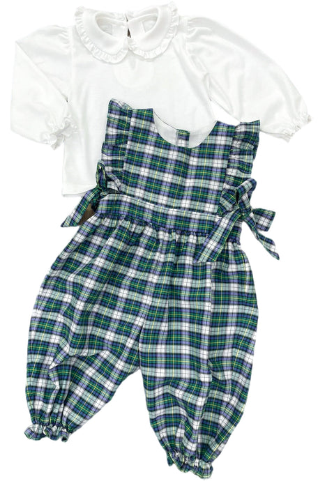 Girls White Knit Top, Kelly Green Plaid