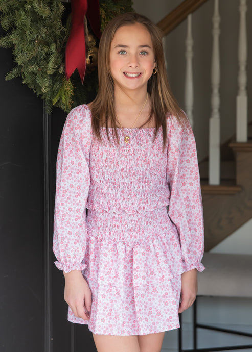 Long Sleeve Smocked Dress, Pink Floral BE