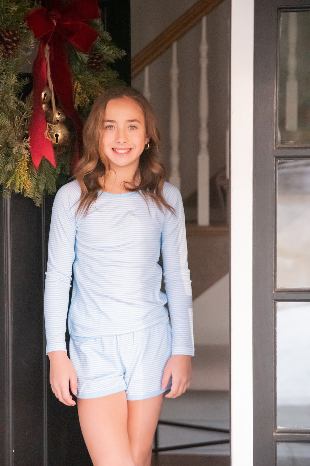 Basics Long Sleeve/Short Lounge Set - Light Blue Stripe