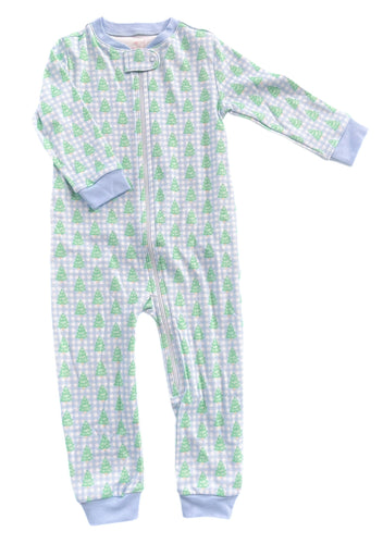 One Piece Zip Up Jammies, Blue Gingham Christmas Tree Lounge