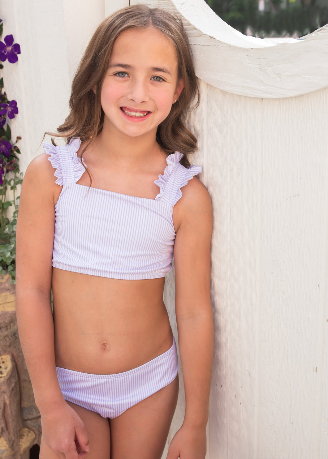 Two Piece Ruffled Shoulder Swim BE, Lavender Stripe