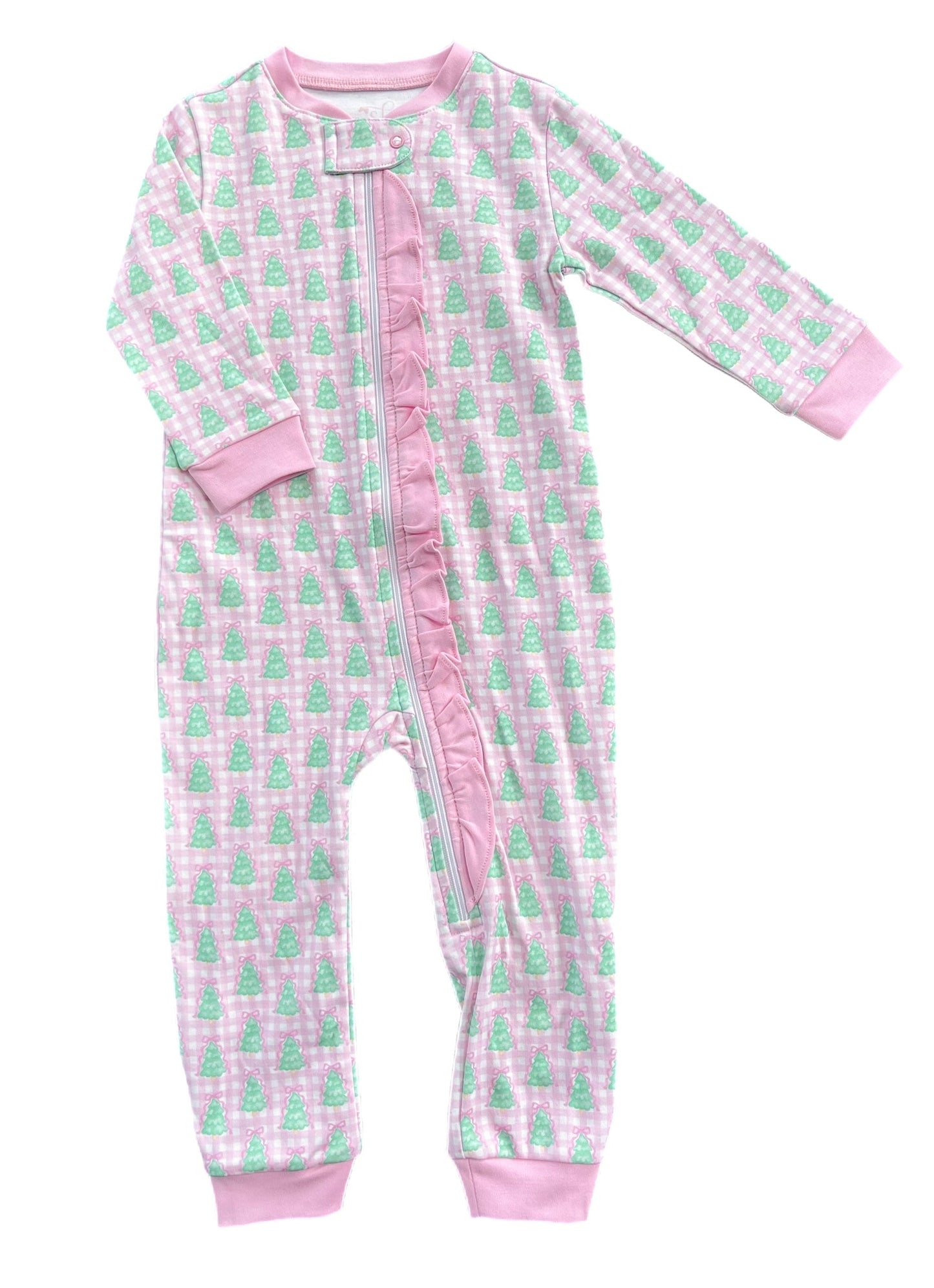 One Piece Zip Up Jammies, Pink Gingham Christmas Tree Lounge