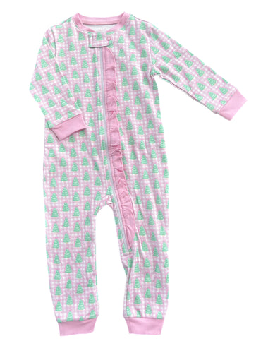 One Piece Zip Up Jammies, Pink Gingham Christmas Tree Lounge