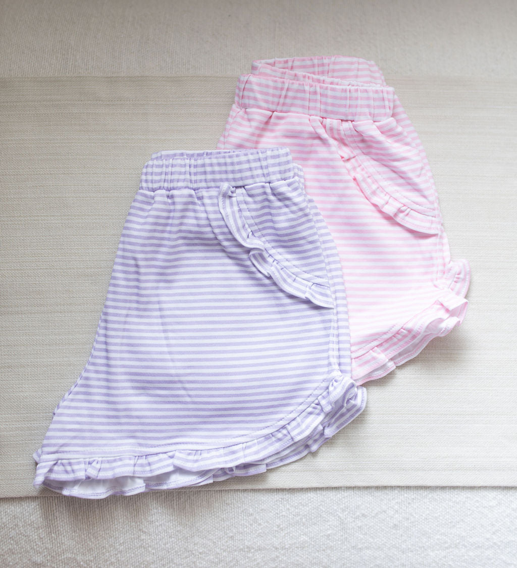 Kinley Ruffled Knit Pima Shorts, Pink Stripe (Ready to Ship)