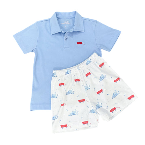 Blue Polo w/ Wagon, Puppy Dog Tails Knit (Ready to Ship)