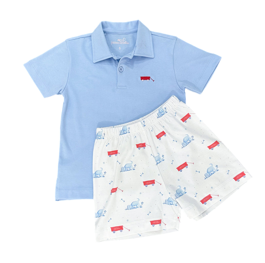 Blue Polo w/ Wagon, Puppy Dog Tails Knit (Ready to Ship)