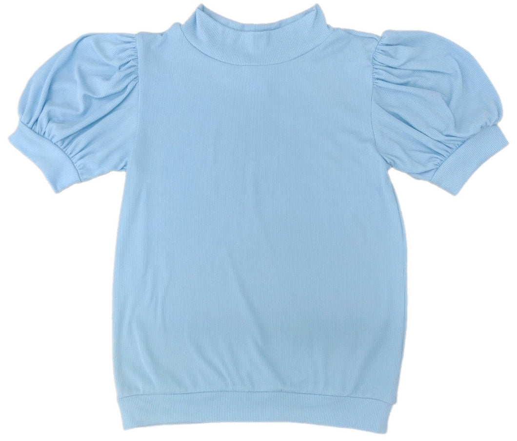 Short Puff Sleeve Ribbed Top, Light Blue