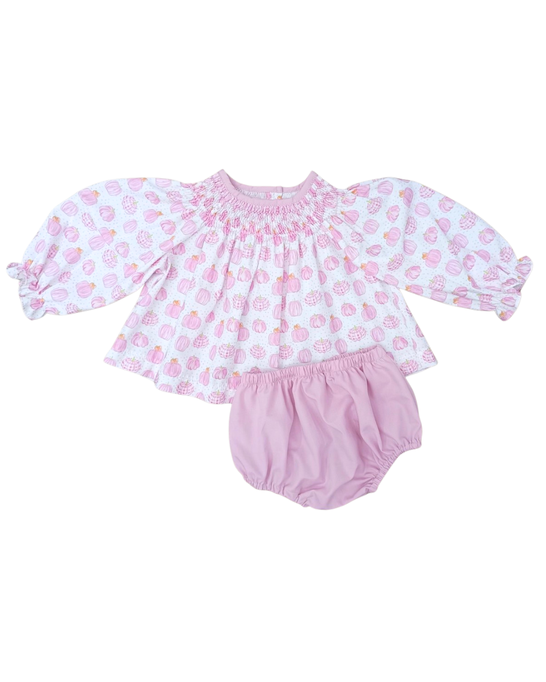 Pink Gingham Pumpkins Sally Smocked Bloomer Set