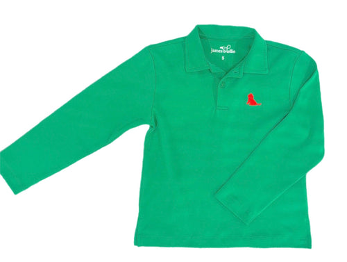 Boys Basics Patton Long Sleeve Polo, Kelly Green w/ Red Puppy