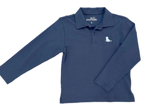 Boys Basics Patton Long Sleeve Polo, Navy w/ Light Blue Puppy