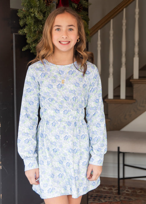 Elastic Waist Dress, Blue & Green Floral BE