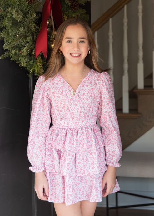 Long Sleeve Tiered Dress, Pink Floral BE