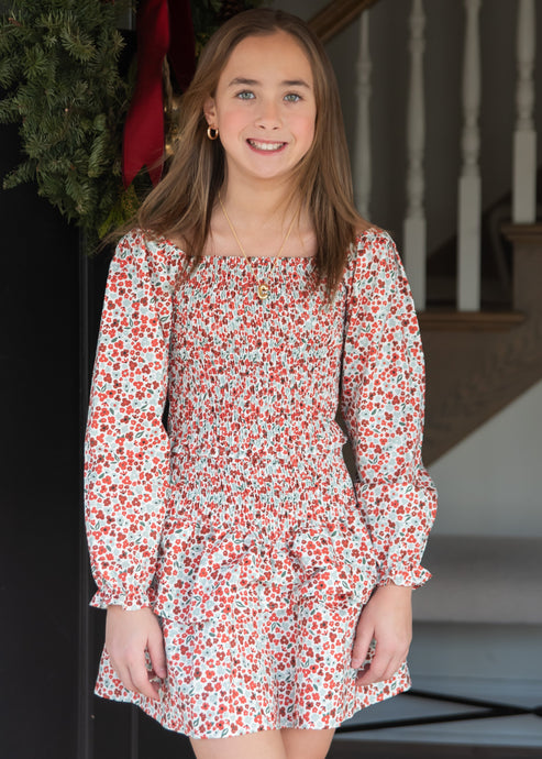 Long Sleeve Smocked Dress, Christmas Floral BE