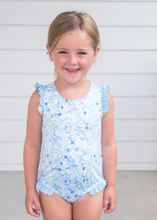 Audrey One Piece Swim, Blue Green Floral