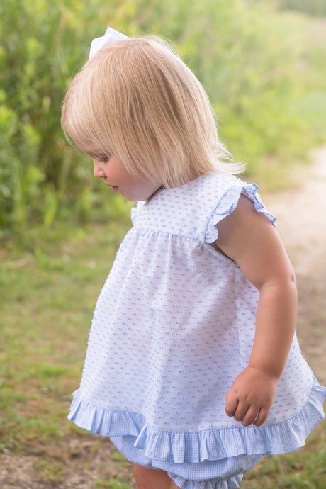 Natalie Bloomer/Banded Short Set, Blue Swiss Dot