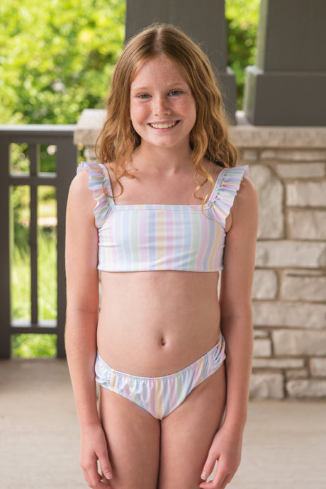 Two Piece Ruffled Shoulder Swim, Pastel Stripe BE