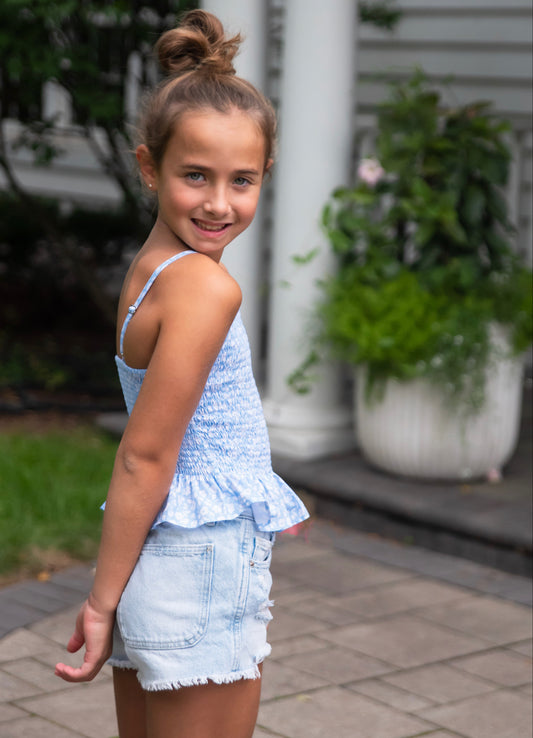Blue Floral Smocked Peplum Top