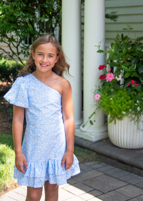 Blue Floral One Shoulder Dress BE