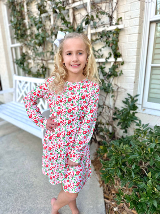 Long Sleeve Knit Dress BE, Pink and Red Floral