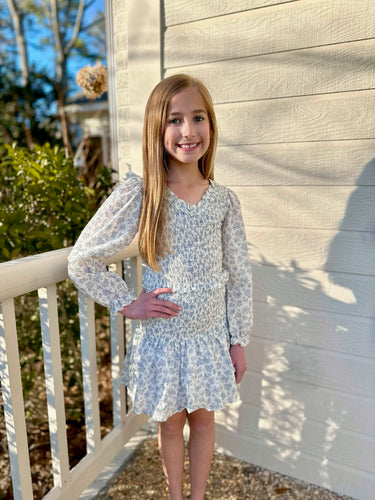 Long Sleeve Smocked Dress, Blue Floral Swiss Dot BE (Ready to Ship)