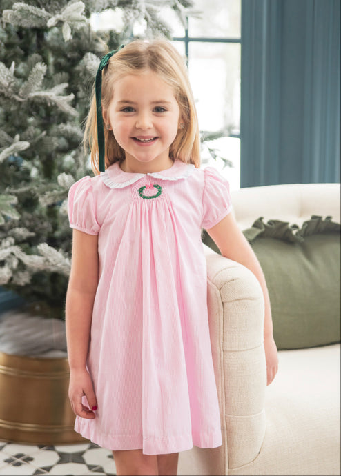 Sage Smocked Dress Pink Gingham, Wreath