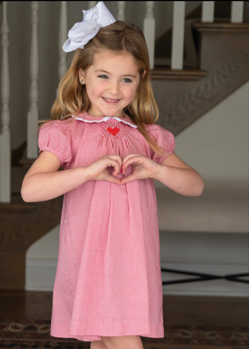 Sage Smocked Dress Red Gingham, Heart