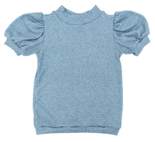 Blue Short Sleeve Puff Top, Basic Ribbed Sparkle BE (Ready to Ship)