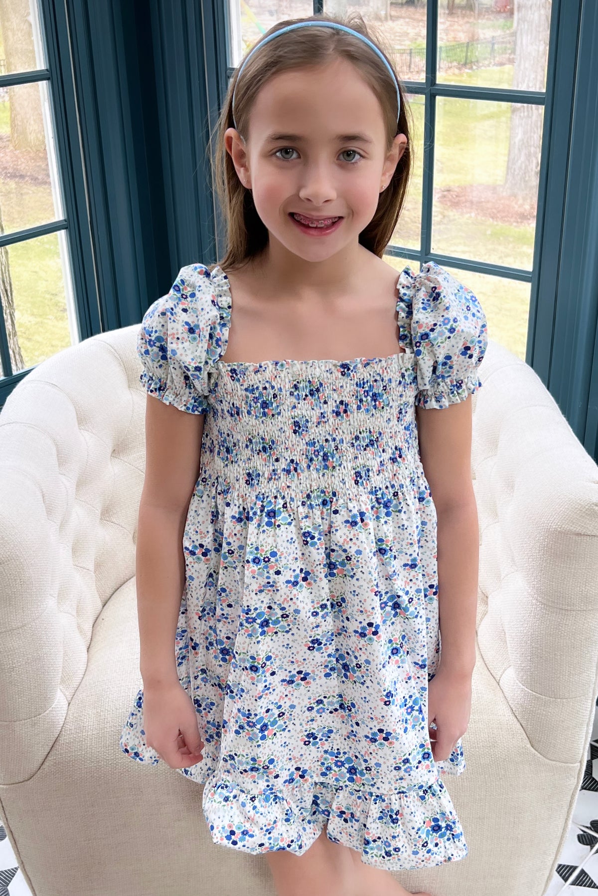 Smocked Short Sleeve Dress, Fall Floral