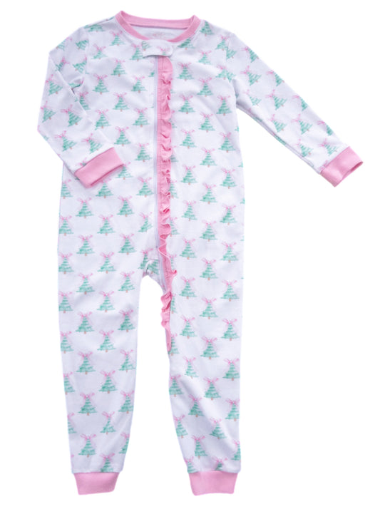 One Piece Zip Up Jammies, Pink Christmas Tree Knit