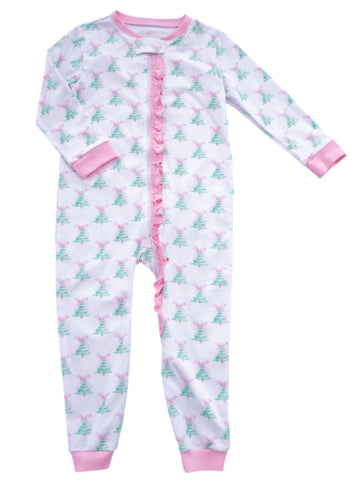 One Piece Zip Up Jammies, Pink Christmas Tree Knit (Ready to Ship)