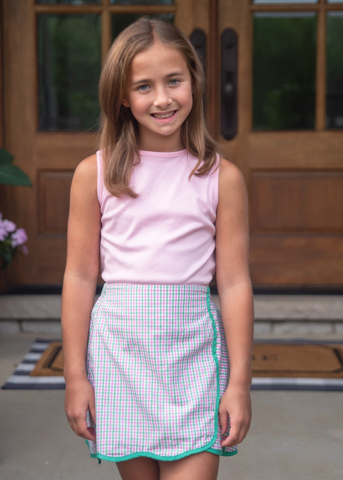 Scallop Skirt Set (no collar), Pink and Green Check