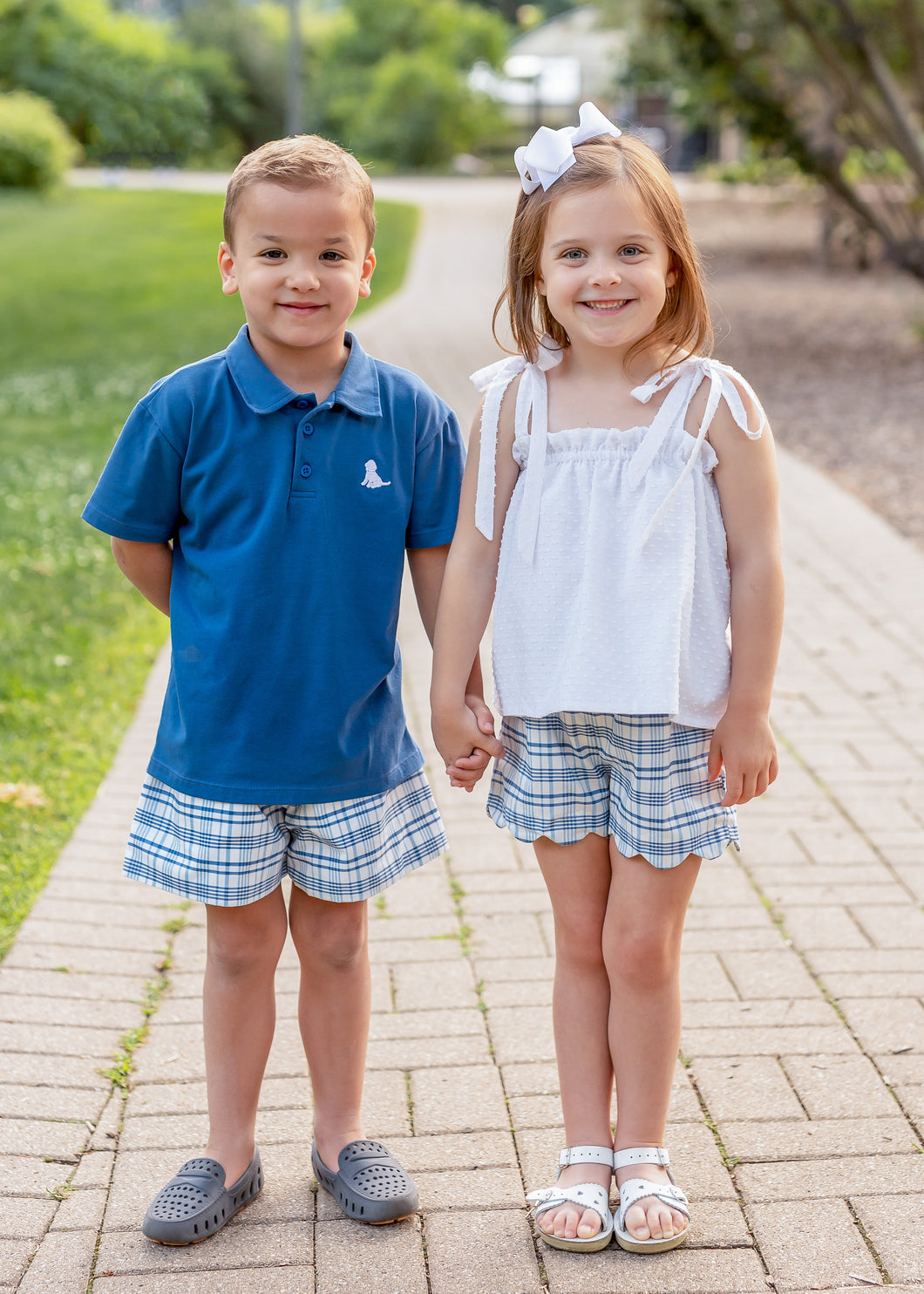 Tie Top Scallop Short Set, Blue Plaid