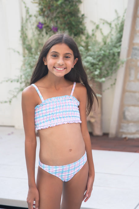Rhodes Two Piece Swim, Pink and Blue Check