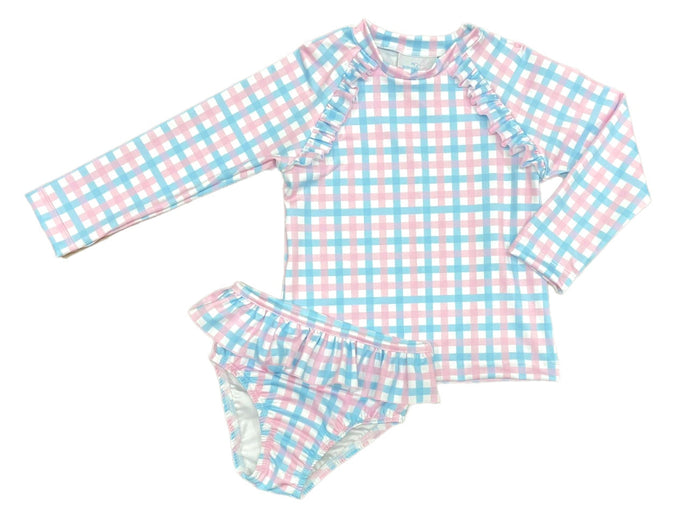 Charlotte Rash Guard Set, Pink and Blue Check