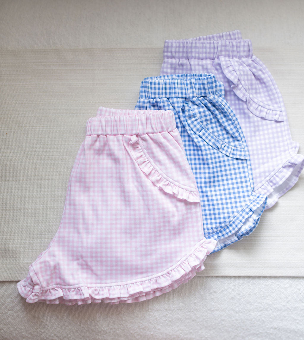 Kinley Ruffled Knit Pima Shorts, Lavender Gingham