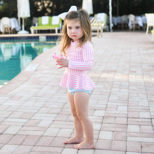Girls Two Piece Rash Guard Set, Palm Beach Pink Stripe