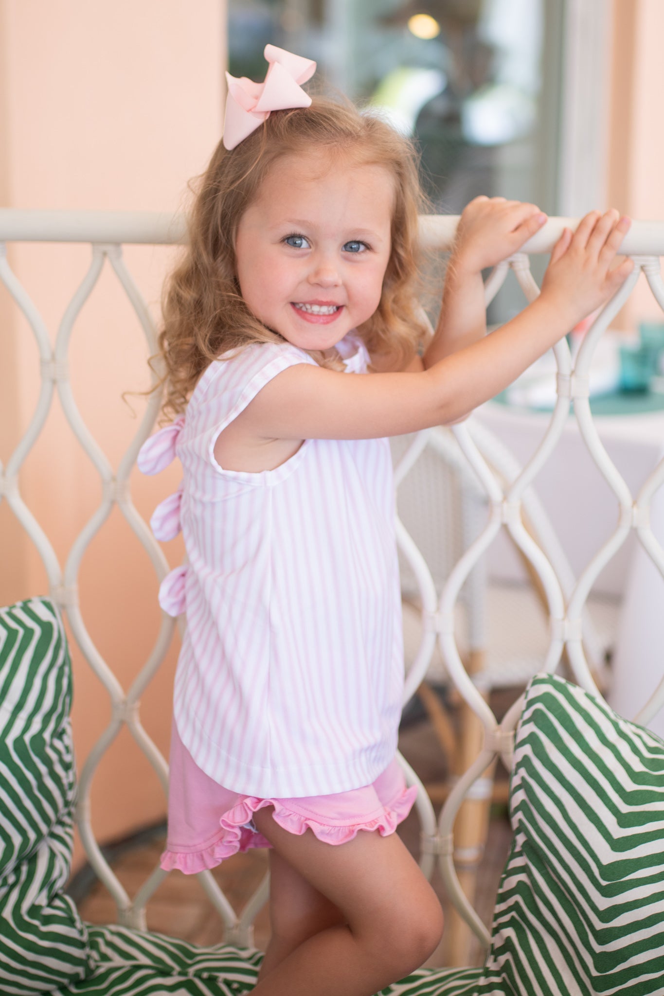Kinley Knot Knit Ruffle Short Set, Pink Stripe
