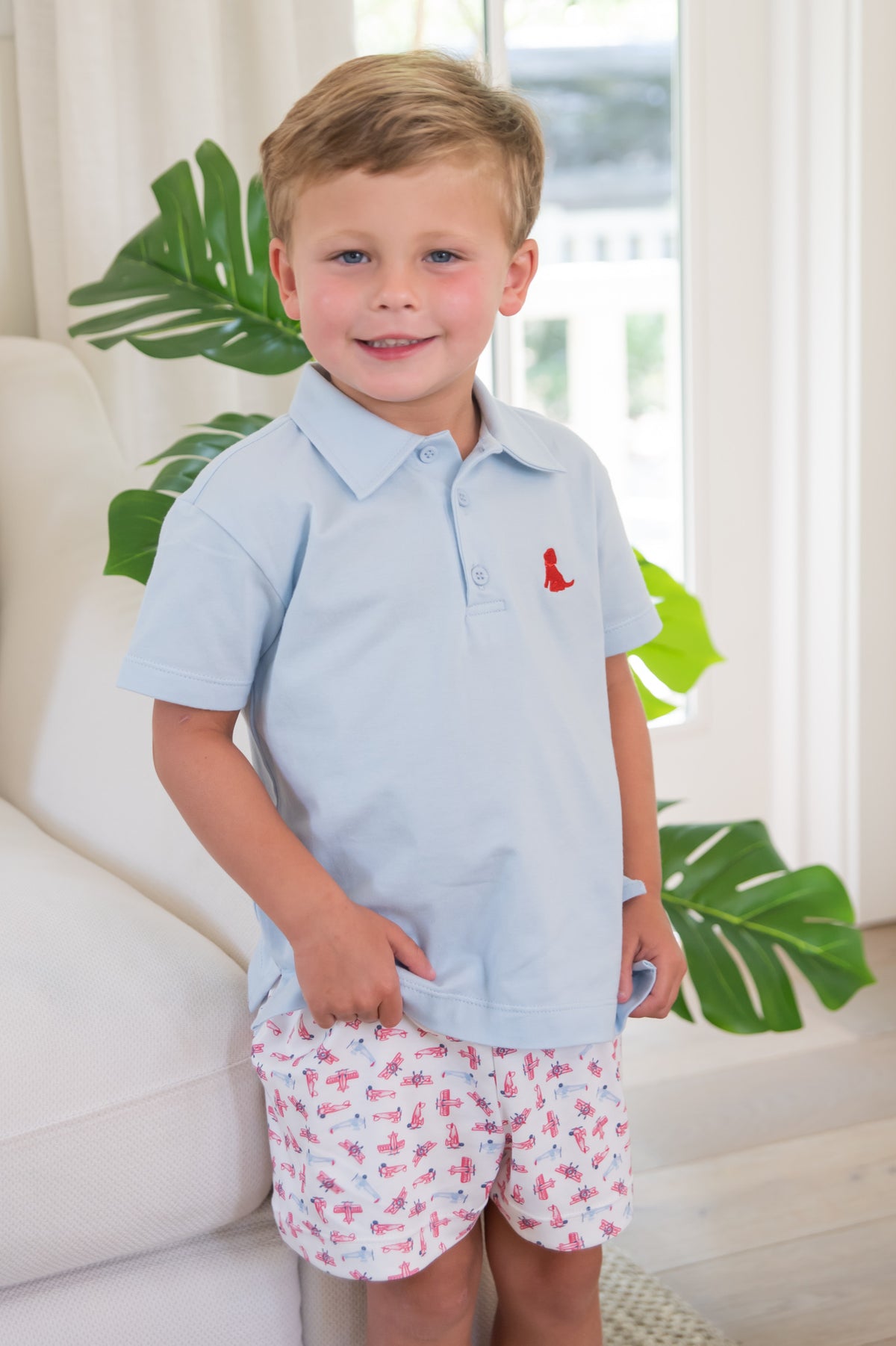 Light Blue Polo with Red Puppy