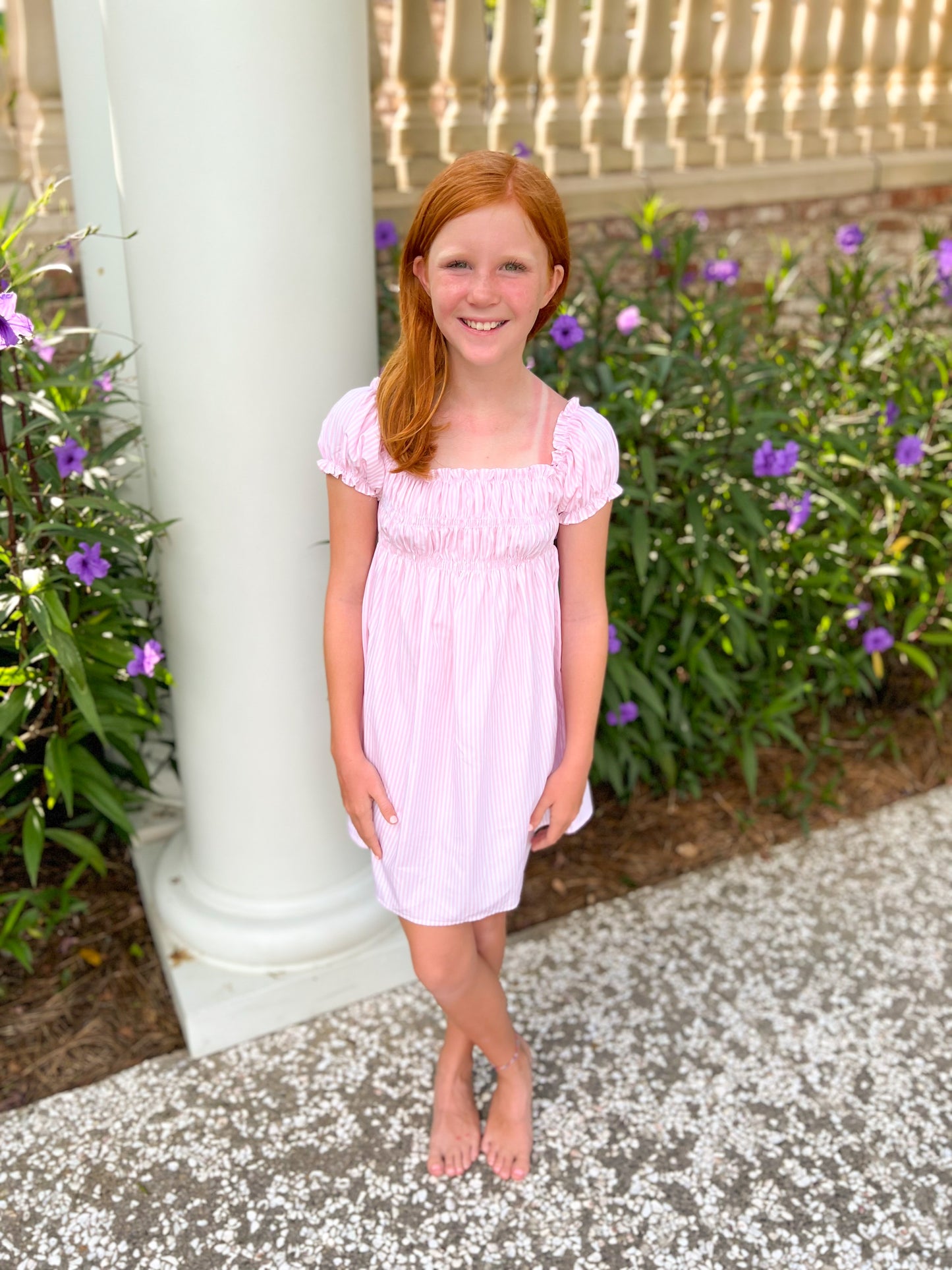 Smocked Short Sleeve Dress, Pink Stripe